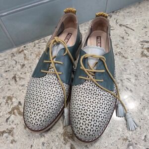 Pikolinos Women Leather Laser Cut Oxford Shoes Teal White Tassel EU 39